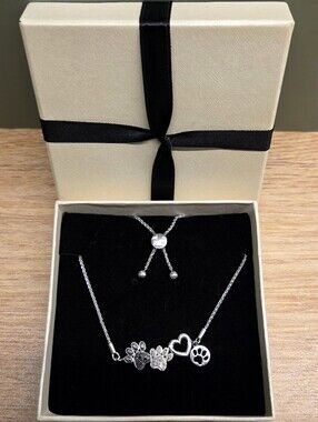 Fred Meyer Pawsitively Yours Black White Diamond Paw Heart Bolo Bracelet 925 NEW